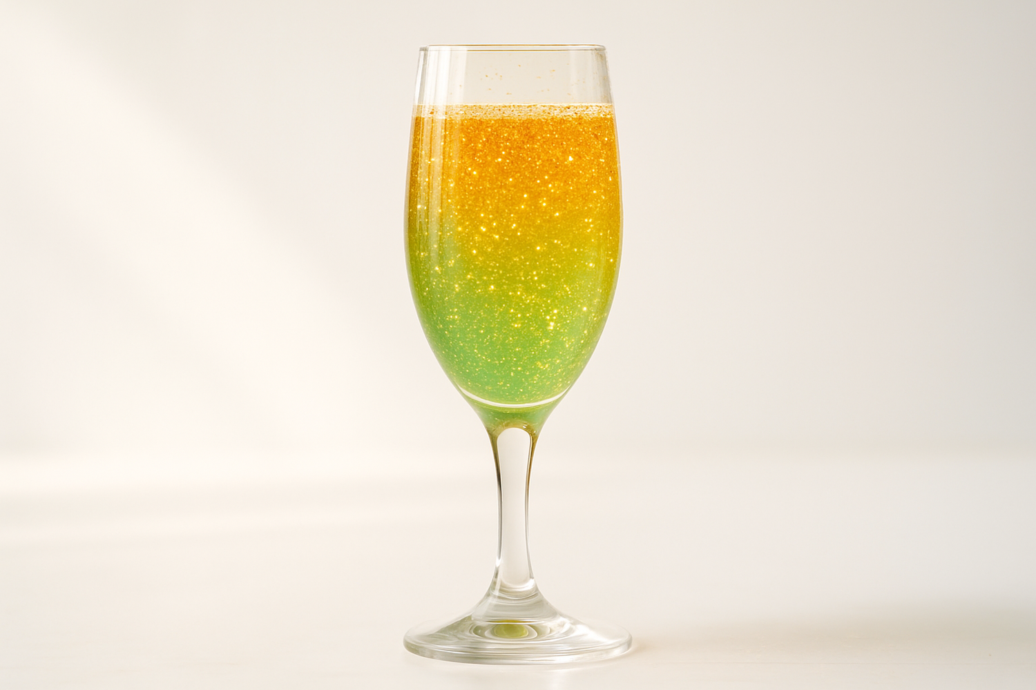 a champagne glass with a health drinks that has sparkling glitter in it